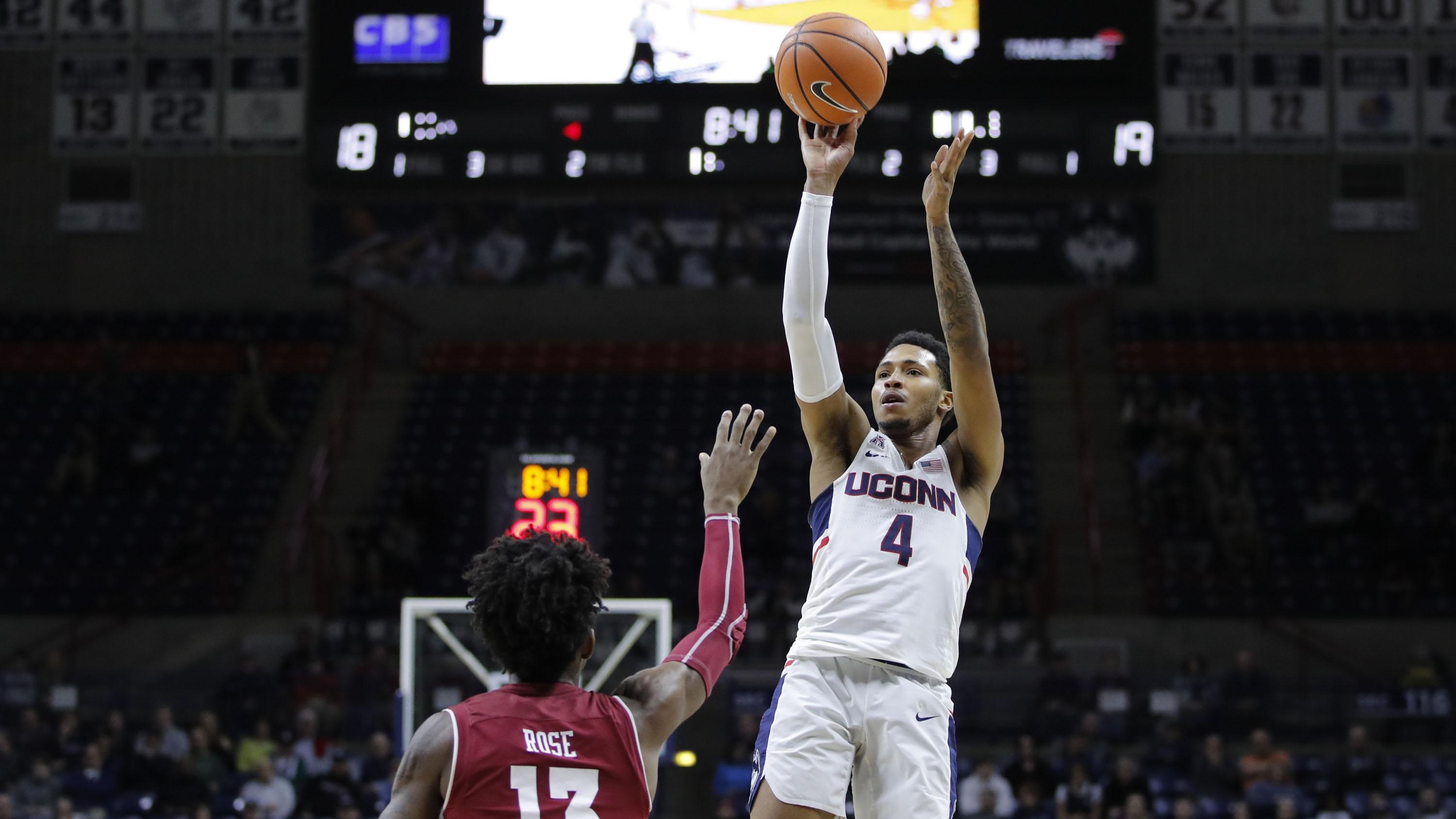UConn's Jalen Adams takes a jump shot